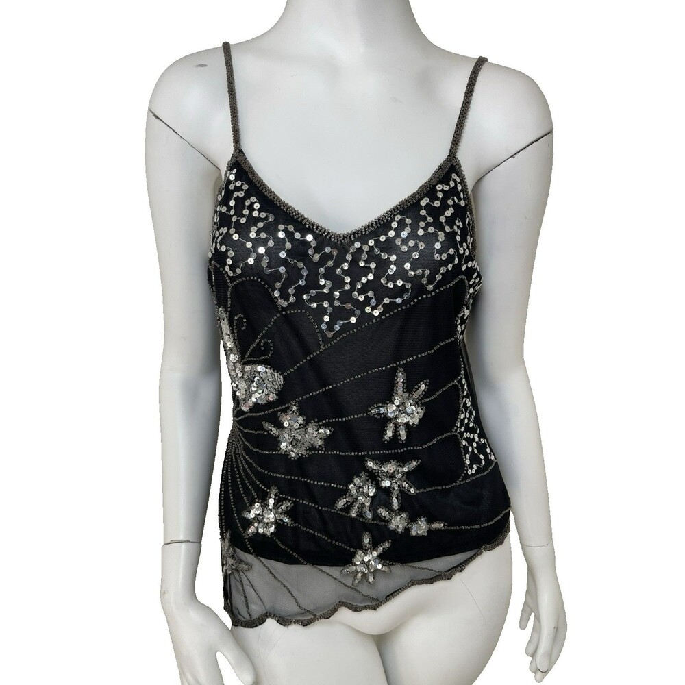 Y2K Beaded Sequin Sheer Mesh Camisole Top L Black Fairycore Goth Whimsy Rave
